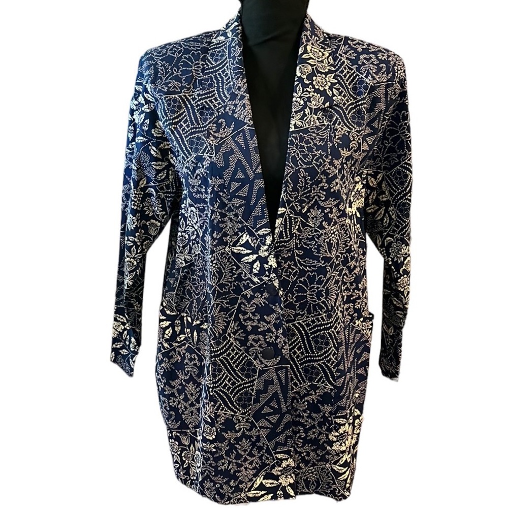 VINTAGE UNBRANDED LIGHTWEIGHT FLORAL PRINT BLAZER FROM JAPAN BLUE CREAM SIZE M